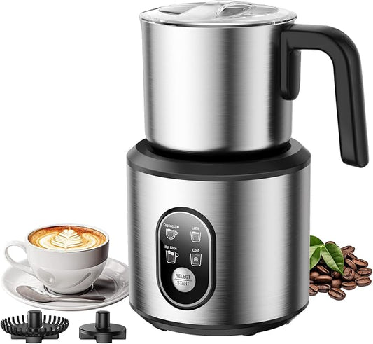 Milk Frother and Steamer, Electric Frother | 4-in-1 Automatic Hot and Cold Foam Maker , Detachable Stainless Steel Jug for Latte, Cappuccino, Macchiato, Hot Chocolate
