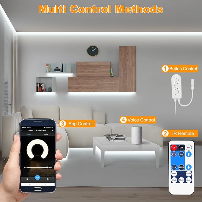 Tatazone 16.4ft 6500K WiFi COB Led Strip Light with App and Remote, Compatible with Alexa and Google, Dimmable Cool White Indoor COB Led Lights for Stair, Kitchen, Cabinet