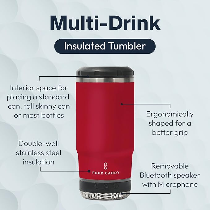 Vibe 4 In 1 Chill and Brew Bluetooth Speaker Cup, Insulated Can and Bottle Holder for Hot or Cold Drinks, Double Wall Stainless Steel Drinkware, Fits 12 oz Cans or 14 oz Liquid, Red
