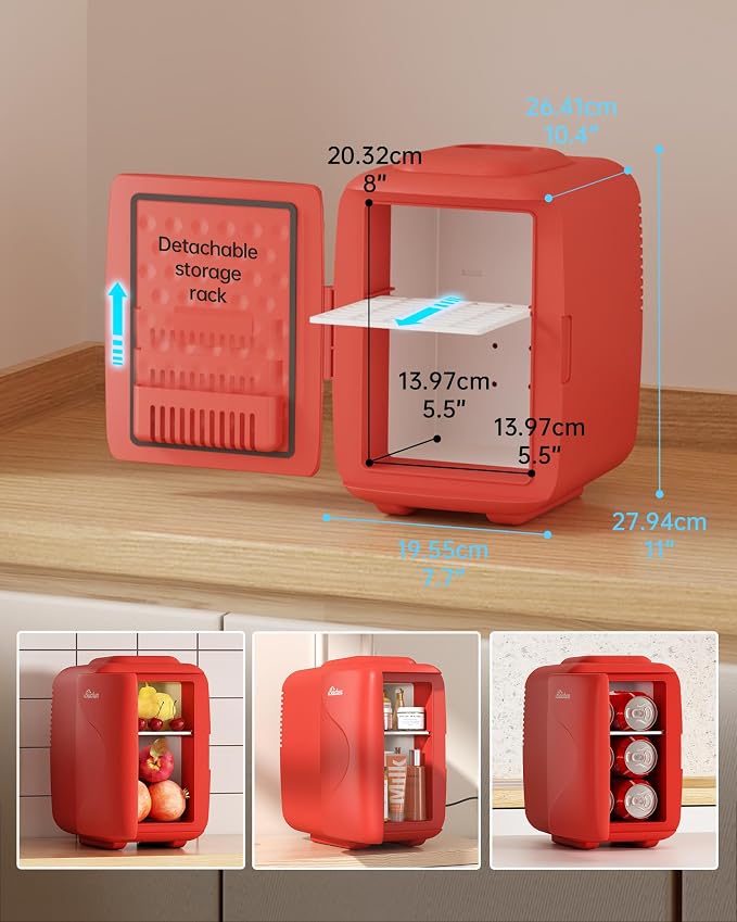BEICHEN Mini Fridge [Upgrade], Small Fridge Rapid Cooling 4 Liter/6 Cans Skincare Fridge, Cooler and Warmer Refrigerators for Bedroom, Cosmetics, Office and Car (Red)