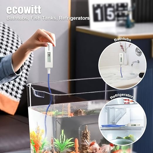 ECOWITT WN34BD Thermometer, with LCD Display and 3.28 ft/1m Silicone Wire Sensor Probe, Suitable for Pool, Pond, Liquid, Air, Soil Temperature, Support Ecowitt Cloud System, 915 MHz
