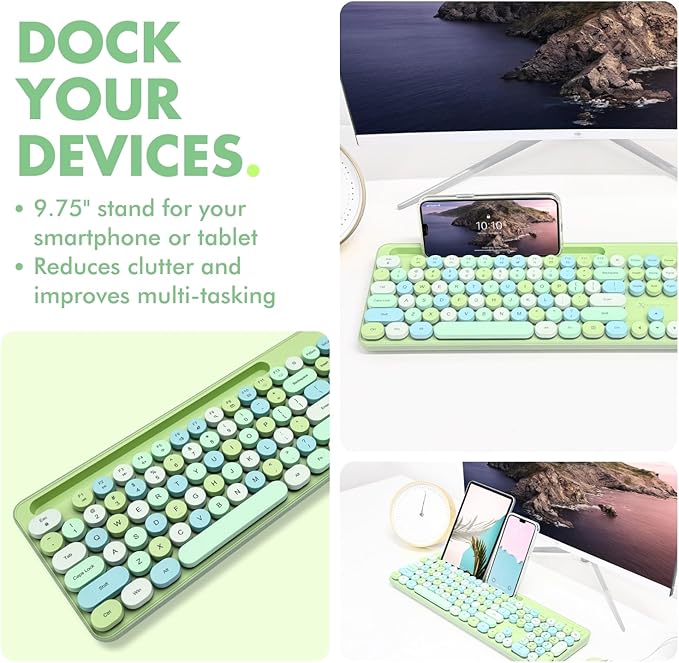 X9 Wired Keyboard and Mouse Combo - Retro Typewriter Keyboard with Round Keycaps, Soft White Backlight, Phone Dock, 109 Full-Size Keys, Cute Wired Green Keyboard and Mouse for Laptop, PC & Chromebook