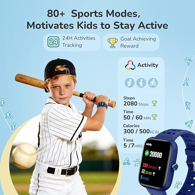 Smart Watch for Kids, Kids Smart Watch with Sleep, Heart Rate Monitor & Fitness Tracker, Kid Watch with Puzzle Games, Sports Modes & DIY Dials, Kid's Gifts for Birthday, Children's Day, Reward-Blue