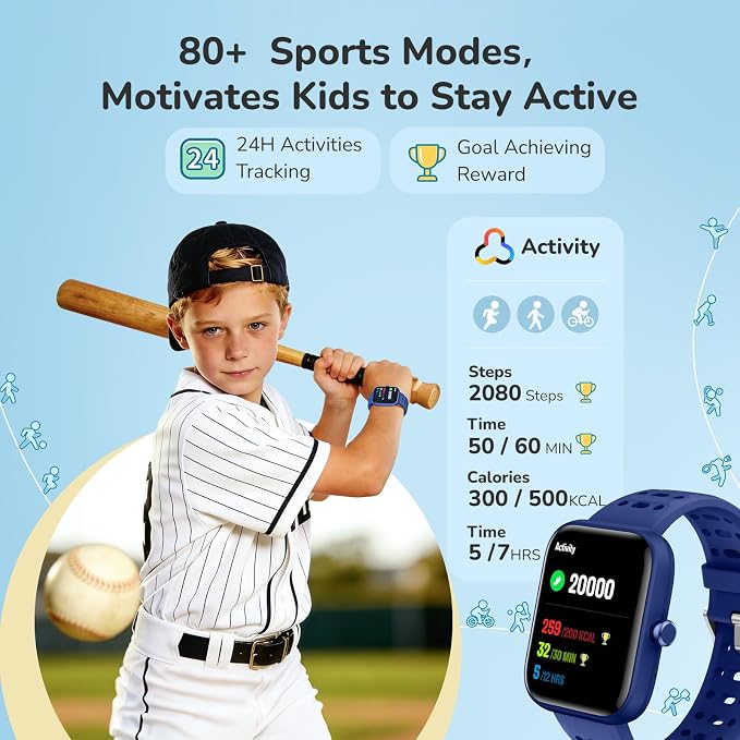 Smart Watch for Kids Gift, Kids Smart Watch with Heart Rate, Sleep Monitor, Fitness Tracker, Kid's Watch with Sports Modes, Puzzle Game& DIY Dials, Birthday, Children's Day Gifts for Kid-Blue(2 Bands)