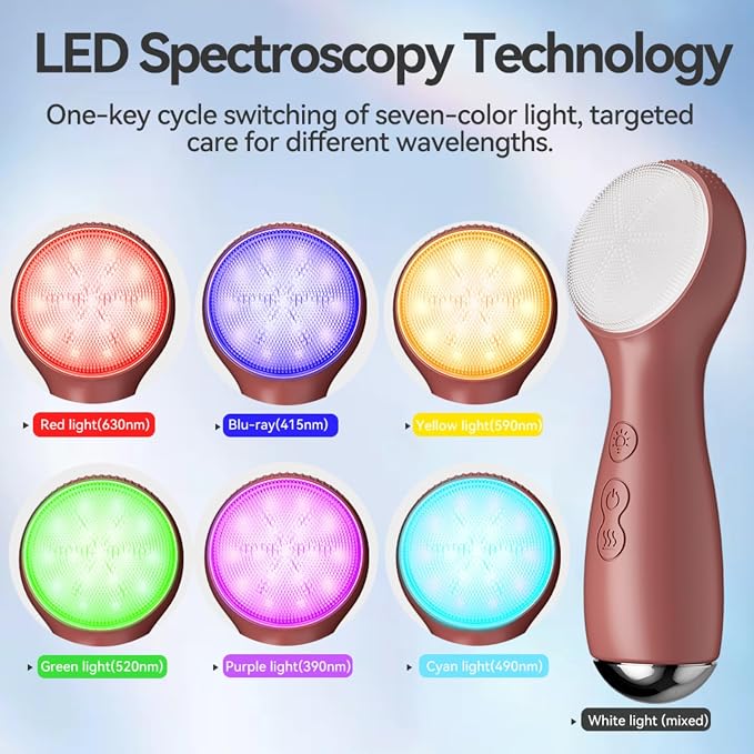 Colorful LED Silicone Face Wash Brush - Sonic Vibration Face Cleaner with Heat Sensation, 3 Modes & Ergonomic Handle, Waterproof Electric Face Brush for at-Home Spa & Travel Skincare (Dark Brown)