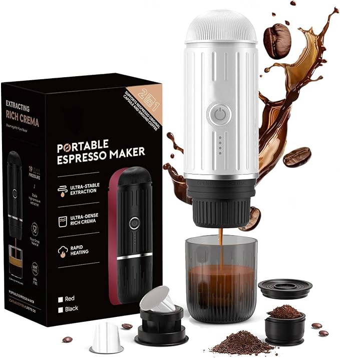 Portable Espresso Machine, 2-in-1 Hot/Cold Brew & Fast Self-heating with USB-C,Travel Coffee Maker with 7800mAh for Camping RV Hiking Compatible with NS Capsules & Ground Coffee White