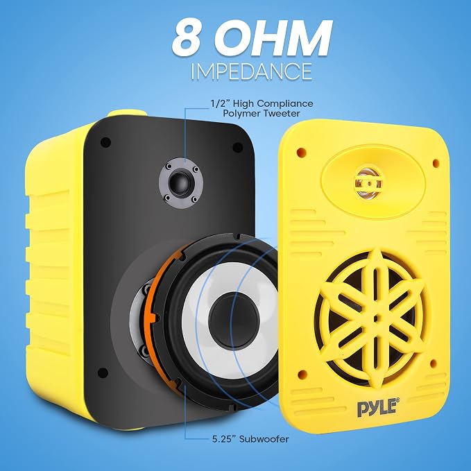 Pyle 500 Watt Bluetooth Indoor Outdoor Speakers Pair - Dual Waterproof 5.25” 2-Way Full Range Speaker System w/ 1/2” High Compliance Polymer Tweeter |Home, Boat, Marine, Deck, Patio, Poolside (Yellow)