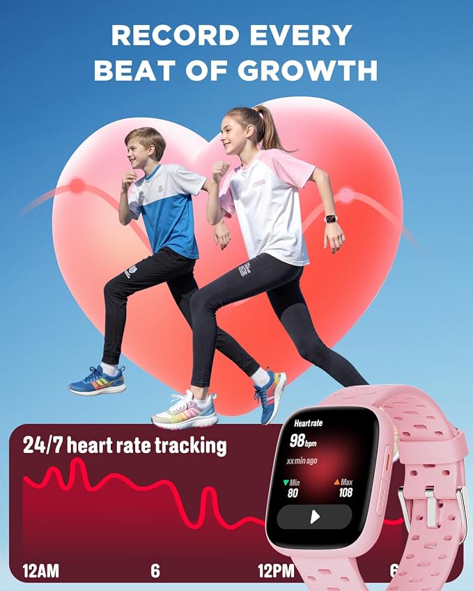 BIGGERFIVE Kids Watch No Phone Needed, 1.8" Amoled Smart Fitness Watch Pedometer, Heart Rate, Sleep Tracker, 30m Waterproof, Step Counter, Puzzle Games, 100+ Dials, Gifts for Girls 5-16, Pink