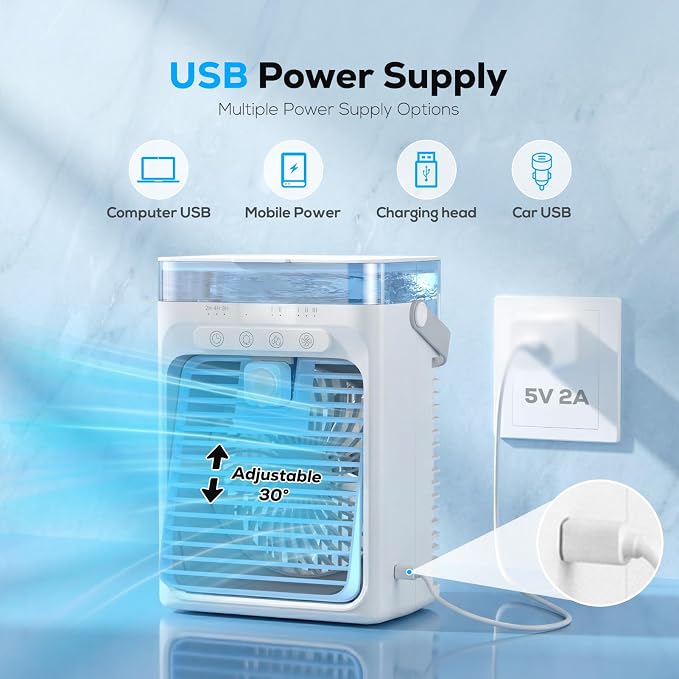 Portable Air Conditioner, 3-in-1 Evaporative Air Cooler with 3 Speeds & 2 Mist Modes, 1000ml Personal Mini AC Unit, USB Powered Small Cooler with RGB Light & Timer for Bedroom Office Desk Car