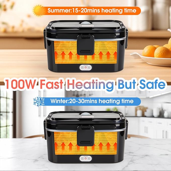 Kabbas 1.8L Portable Electric Lunch Box for Adults, 100W Heated Lunch Box for Men with Removable Dual Container, Fast Heating Food Warmer, 12V/24V/110V for Car Truck Office lonchera eléctrica portátil