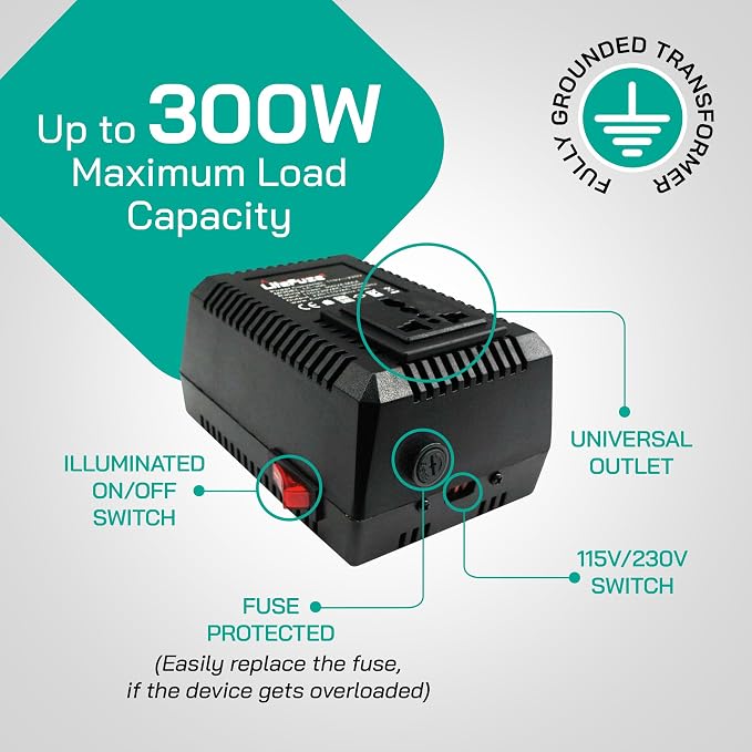 LiteFuze 300 Watt Step Up/Step Down Travel Voltage Converter, 220/110v to 110/220v converter with Type G Plug - Compatible with Hair Straightener, Camera, Laptop & More