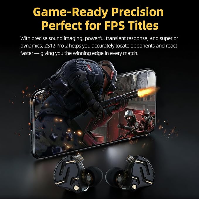 KZ ZS12 PRO 2 in Ear Monitor,1DD+5BA Hybrid Wired Earbud,IEM Earphones,Gaming Earbuds,HiFi Deep DASS IEM for Gaming,KZ Earbuds with 2PIN Cable for Audiophile (with Microphone, Silver-Type)