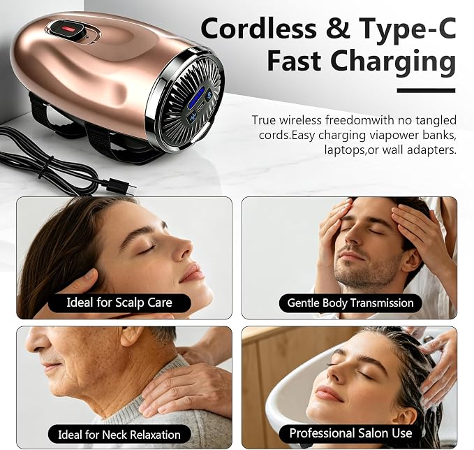 Professional Handheld Palm Massager with Adjustable Straps, 5 Modes, 2600mAh USB Rechargeable Vibrating Massager for Barber Salon, Neck & Scalp Care（Rose Gold）