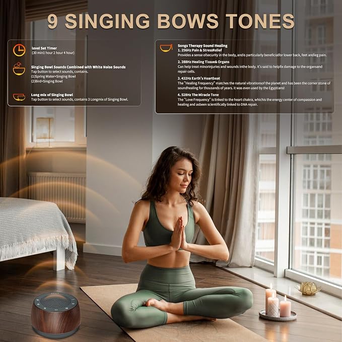 Electronic Tibetan Singing Bowl,Frequency Generator for Healing,Meditation Sound Machine, 256HZ-432HZ-528HZ 9 Healing Frequencies,4 Timers and Luminous Button,Yoga, Relaxation, Reiki