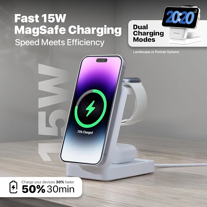 PWR Fold 2.0 4-in-1 Charging Station for Multiple Devices - Portable Wireless Charging Station Compatible with Apple Watch, iPhone, Samsung, Airpods and Qi Wireless Devices (White)
