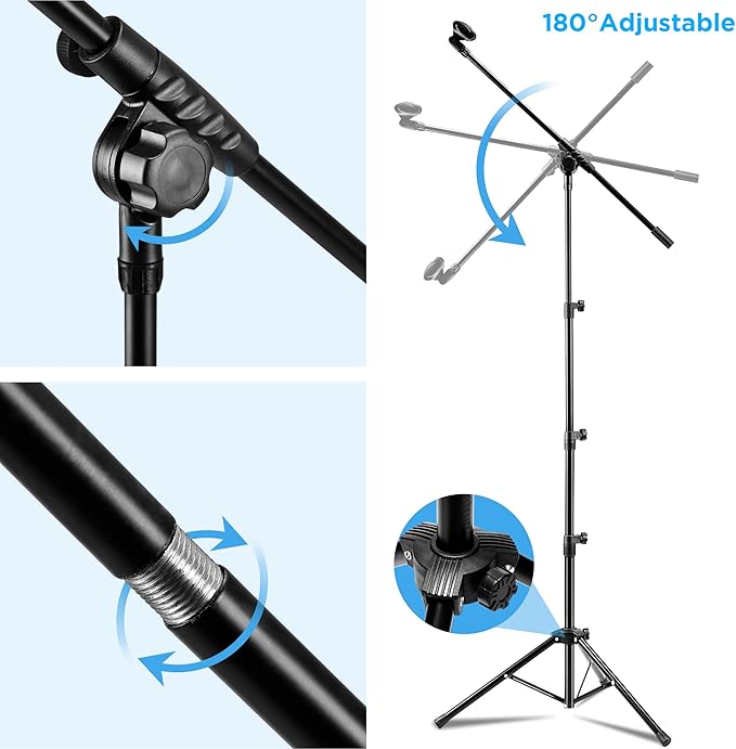 Microphone Stand 2 Pack, Bietrun Tripod Mic Stand Adjustable Boom Height, with Carry Bag & Mic Clips, Detachable Boom Mic Stand for Singing Performance Wedding Stage Church