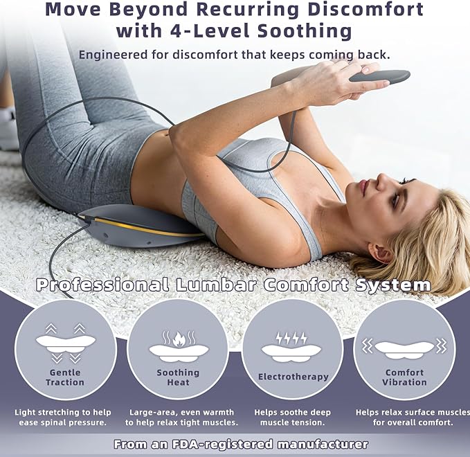 Zenopax 4-in-1 Electric Lumbar Traction Device - Adjustable Back Massager for Deep Tissue Pain Relief with Heat, Vibration, Electrotherapy, Home Lumbar Decompression ＆ Sciatica Relief(Golden)