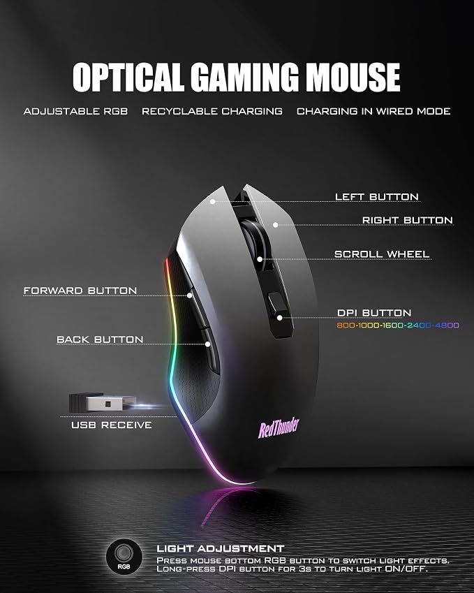 RedThunder K75 Wireless Membrane Keyboard & Mouse Combo,75% Side-Engraved Keycaps,Optical Gaming Mouse with 4800DPI,3 Modes(BT/2.4G/Wired),Dual System,RGB Backlit,Rechargeable Battery,Gradient Gray