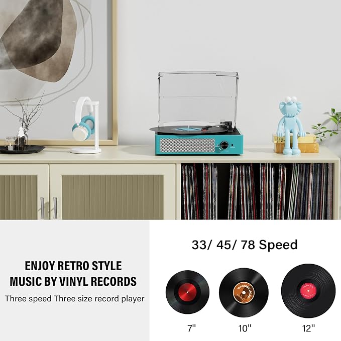 Record Player for Vinyl with 2 Build-in Speakers LP Vinyl Players Belt-Driven Vintage Turntables 3 Speed 3 Size, Wireless Bluetooth Playback, AUX-in, RCA Out, Headphone, Auto Stop Sea Blue