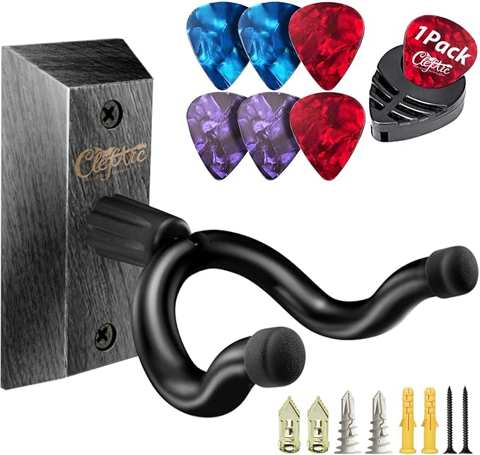 Guitar Wall Mount, Black Guitar Wall Hangers, Guitar Picks, Pick Holder, Guitar Accessories, U-Shape Hardwood Guitar Hanger, Gifts for Guitarists, with 6 Assorted Guitar Picks