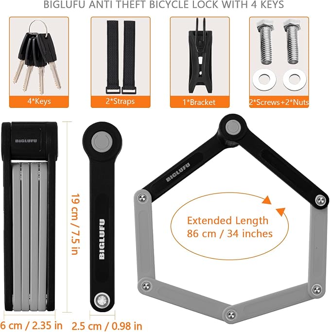Bike Lock Bicycle Scooter Motorcycle Folding Locks with 4Keys, Fold Chain Heavy Duty Alloy Steel Foldable Lock with Mounting Bracket 2pc Straps, 86cm/34 Unfolding, 1.92 lbs