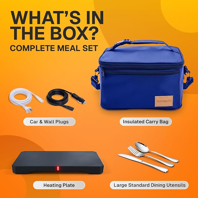 FORABEST Portable Microwave Food Warmer - Electric Lunch Box 80W with Insulated Bag and Utensils - 12V/24V Car/Truck & 110/220V Home/Office Use - Fits up to 10 x 7 x 5 Inches Containers - Blue