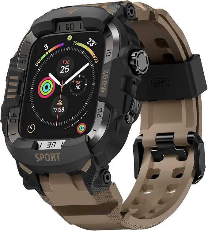 DABAOZA Rugged Case with Band Compatible with Apple Watch 45mm, for iWatch Series 9/8/7,Military Grade Shockproof Bumper and Men's Tactical Heavy Duty Strap(Desert Tan,45MM)