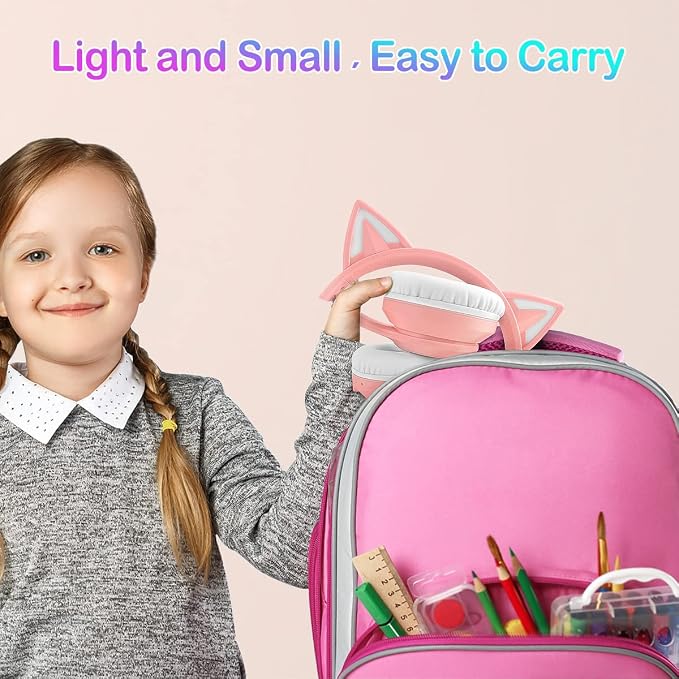 LOBKIN Bluetooth 5.4 Kids Headphones with Case - RGB LED Light Up Cat Ears Foldable Adjustable Over Ear Headphone Support Wireless or 3.5mm Wired Mode for Toddler & Girls & Boys Teens
