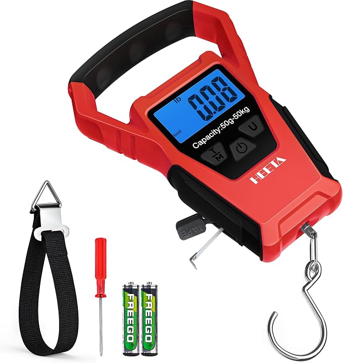 HEETA Waterproof Fish Scale Digital with Backlit LCD Display, 110lb/50kg Portable Hanging Scale Fishing Scale for Home and Outdoor, Measuring Tape and 2 AAA Batteries Included