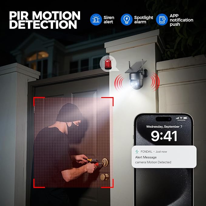 LITYMOL 2K 2.4g WiFi Security Cameras Wireless Outdoor, 360° View Solar Cameras for Home Security, Color Night Vision, Motion Detection, 2-Way Audio, Spotlight Siren Alarm, SD/Cloud Storage
