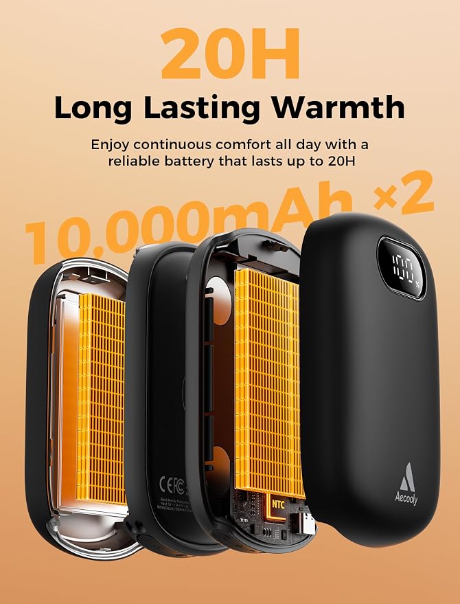 Aecooly 20000mAh Hand Warmers Rechargeable 2 Pack | ±0.5°F Precision | 72-Level Smart Heating | 13.5in Full-Surface Heater | Magnetic Electric Handwarmers, Gifts for Christmas, Camping, Hunting, Golf