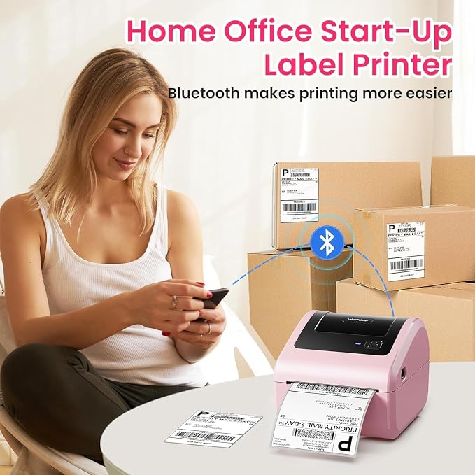 Bluetooth Shipping Label Printer with 3 Roll Labels, D450BT Pink Thermal Label Printer 4x6 for Small Business, Thermal Printers Come with 750PCS 4x6‬ White Labels (250 Labels/Roll)