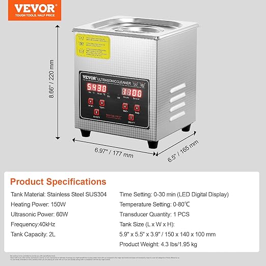 VEVOR Sonic Cleaner with Digital Timer & Heater, Professional Ultra Sonic Parts Cleaner, Stainless Steel Heated Cleaning Machine for Glasses Watch Rings Jewelry Circuit Board (2L)