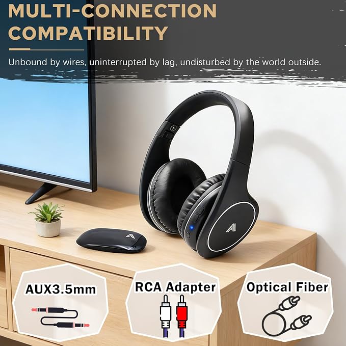 Ansee Wireless TV Headphones for Seniors & Hearing Impaired, Folding Over Ear Headphones with 2.4GHz RF Transmitter Support Optical RCA AUX, No Audio Delay, 100ft Wireless Range (Black)
