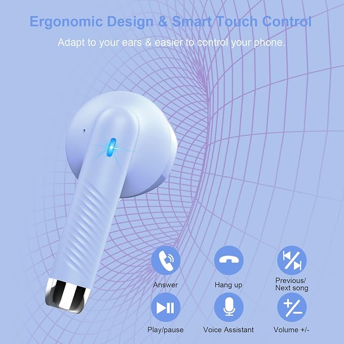 Jxrev Wireless Earbuds, Bluetooth 5.3 Headphones in Ear with Noise Cancelling Mic, Earbuds Stereo Bass, IP7 Waterproof Sports Earphones, 32H Playtime USB C Charging Buds White for Android iOS Purple