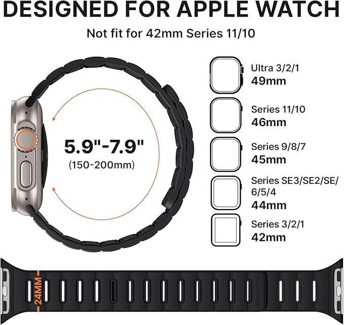 Bandletic Strong Magnetic Dual Sided Compatible with Apple Watch Ultra 3 2 1 Band 49mm for Men, Soft Strap for iWatch Series 11 10 (46mm), 9 8 7 (45mm),SE3 SE2 SE 6 5 4 (44mm), 3 2 1(42mm), Black