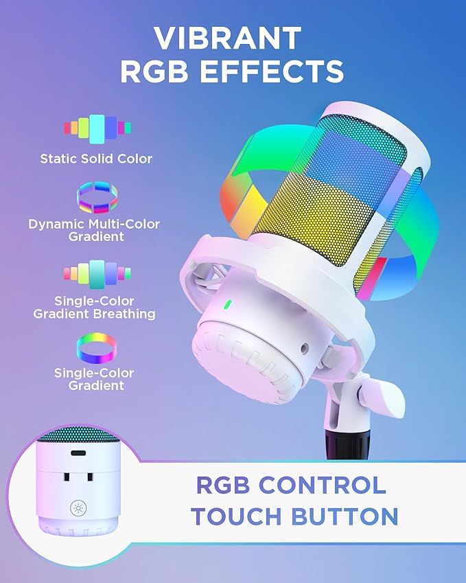 InnoGear USB Gaming Microphone Set, Noise Cancellation Condenser Mic with Boom Arm RGB Mute Headphones Jack for Streaming Podcasting Recording Vocal PC Computer YouTube Discord PS4 PS5, White