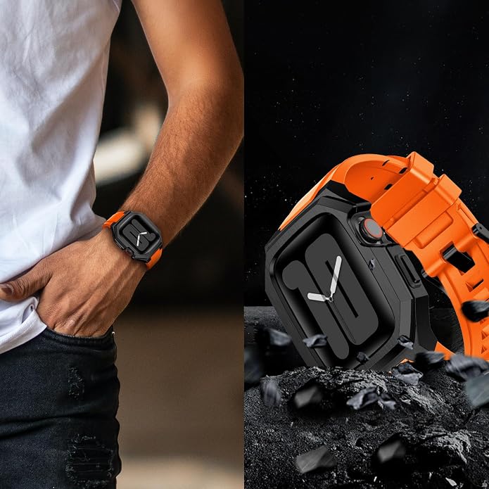 Luxury Metal Case with Band Compatible for Apple Watch 44mm 45mm 46mm 49mm,Men Rugged Protective Bumper Cover with Soft Silicone Strap for iWatch Series 11/10/9/8/7/6/SE3/SE2/SE/5/4 and Ultra 3/2/1 49mm