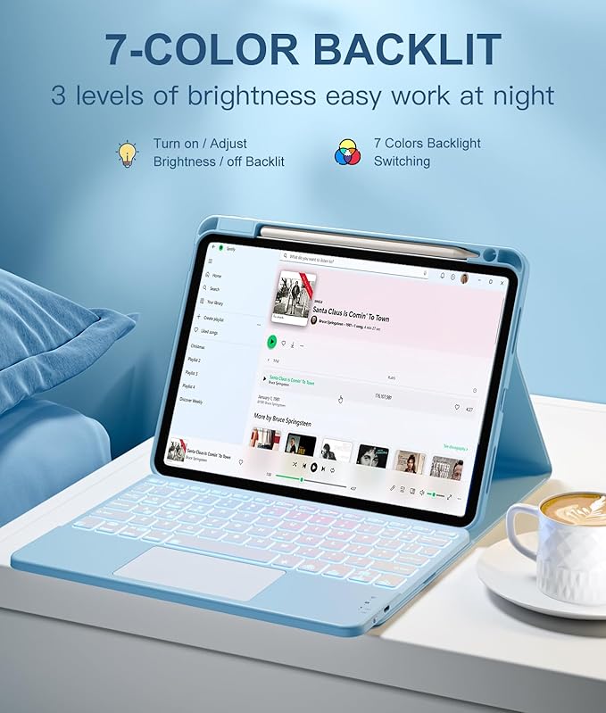 Harvopu Compatible with iPad Air 11 Inch & Air 5th/ Air 4th Generation Case with Keyboard - Multi-Touch Trackpad, 7-Color Backlit, Detachable Folio Keyboard Cover for Air 11-inch M4/M3/M2 (Sky Blue)