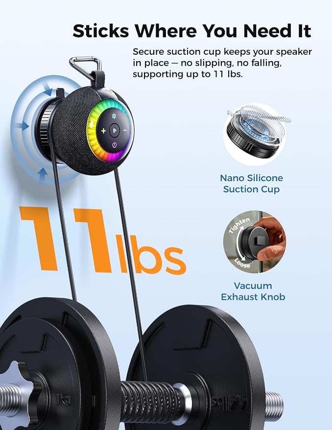 Bluetooth Shower Speaker Waterproof IPX7: Removable Vacuum-Lock Suction Cup, 360° Surround Sound, RGB Light, Portable Wireless Speaker for Beach, Pool, Kayak, Back to School Gifts for Adult Teen-Black