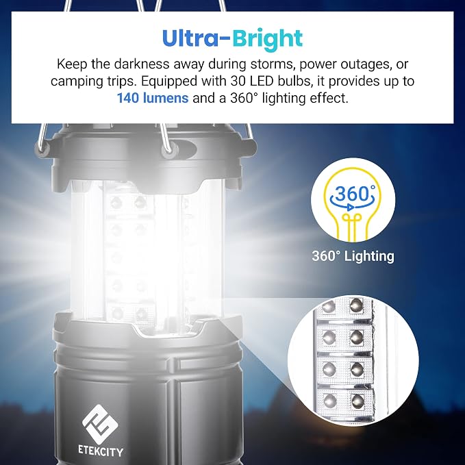 2 Pack LED Camping Lanterns, Consciot 1000LM Rechargeable Light and Etekcity 140LM Battery Powered Emergency Light