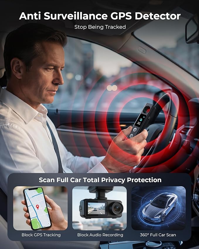 Hidden Camera Detectors, Anti-Spy Camera Finder with LED Screen Rechargeable GPS Tracker&Bug Detector, Anti-Theft Alarm, 5 Modes Portable Privacy Protection for Airbnb, Hotel, Car, Office