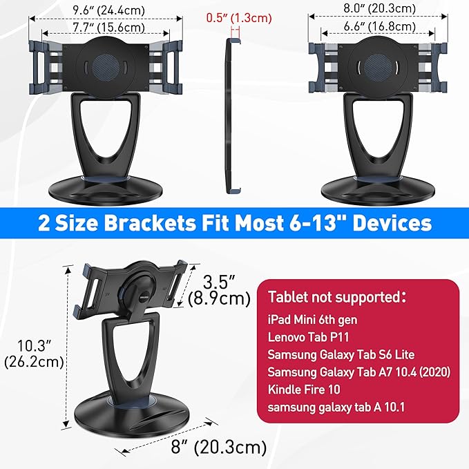 iPad Tablet Stand Holder for Desk - 6 inch to 13 inch - Stable, Adjustable - 360° Swivel Angle Pen Phone iPad Stand for Store, Retail Kiosk, Reception, Home Office, Gift Ideas - Black