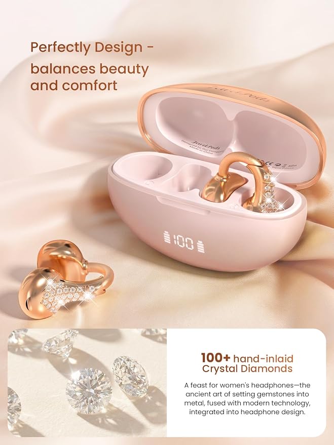 JewelPods C3 Wireless Bluetooth Earbuds, Jeweled Open-Ear Headphones, Pink | Ultra-Light Memory Wire Clip-On Earrings for All-Day Comfort, 60H Playtime, Sweat & Water Resistant, Premium Sound