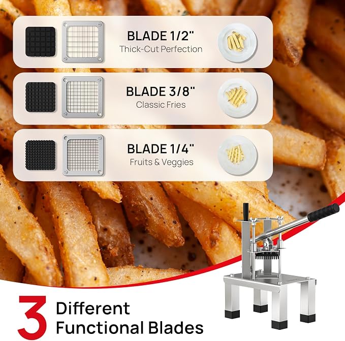 French Fry Cutterr,Professional Potato Cutter Slicer with 3/8", 1/2", 1/4" Stainless Steel Blades Stainless Steel Vegetable Chopper for Potato,Carrot,Cucumber,Onion,Home Use