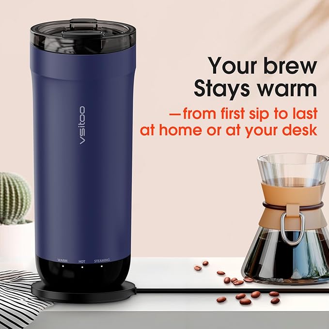 Vsitoo S5 Self Heating Travel Mug 16oz, Rechargeable Coffee Mug with Car Charger Kit, AI Auto-Sensing Temp Control Heated Cup for Home Office Car, App Control, Gift Women Men - Blue