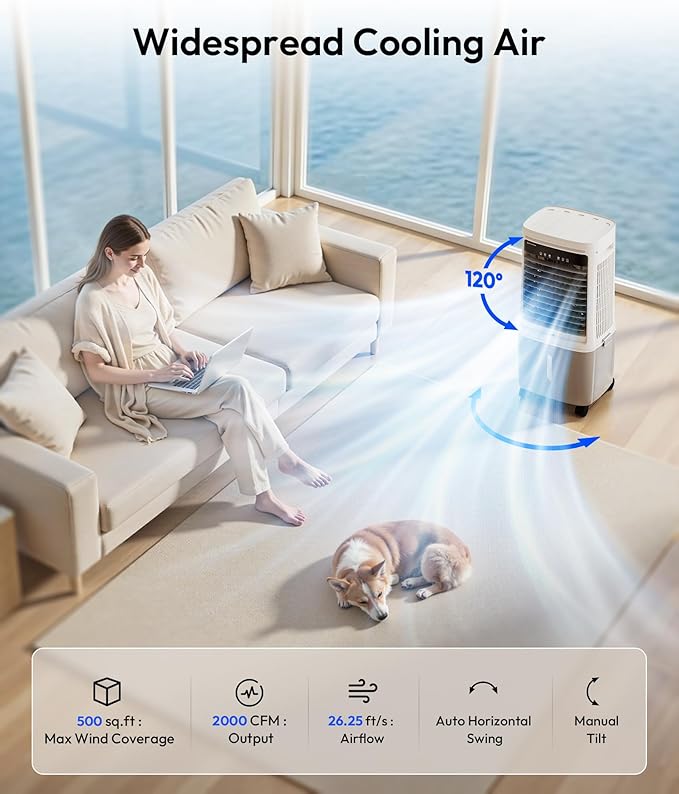 3-in-1 Portable Evaporative Air Cooler - 2000 CFM Swamp Cooler with Remote Control, 6.6-Gal Dual Tank, 4 Ice Packs, 12H Timer, 2 Modes 3 Speeds, Oscillating Cooling Fan for Large Room, Outdoor