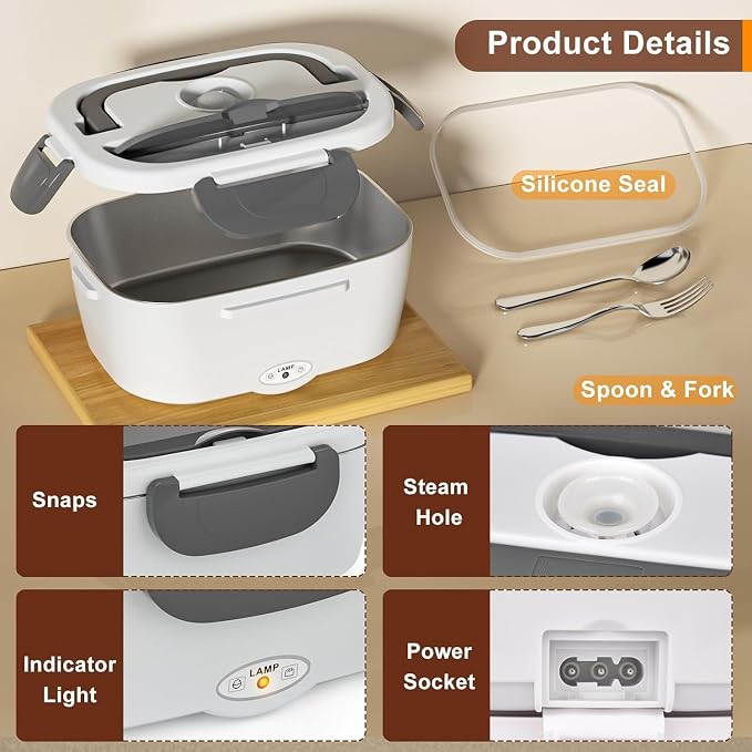 Electric Lunch Box for Adults 80W Heated Lunch Box for Adults Portable Food Warmer 12V 24V 110V 220V Food Heater Lunchbox 1.5L Stainless Steel Lonchera Eléctrica Portátil for Car Truck Work Driver