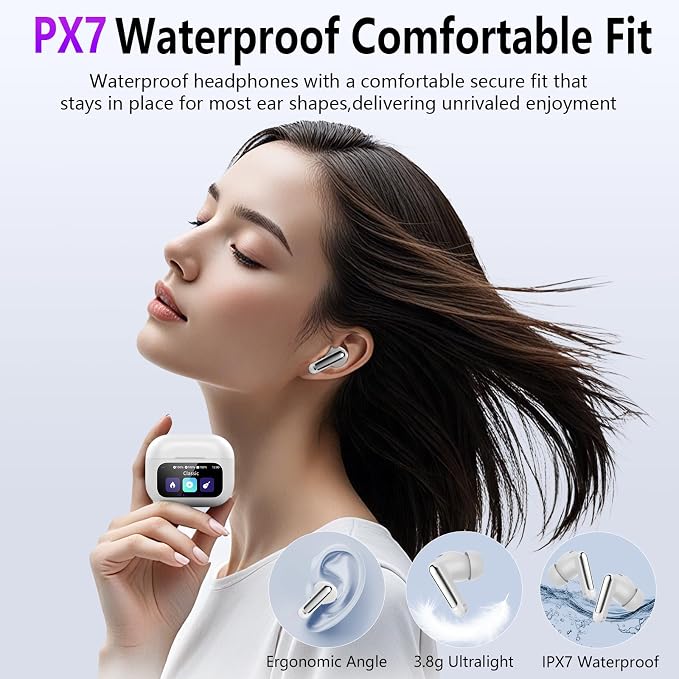 Thunelec Wireless Earbuds with Touch Screen, 2026 New Bluetooth 5.4 Headphones with ANC/ENC Mic, 50H HiFi Stereo Ear Buds with 5 EQ Modes, Transparency Mode, IPX7 Earphones for Running/Fitness, White