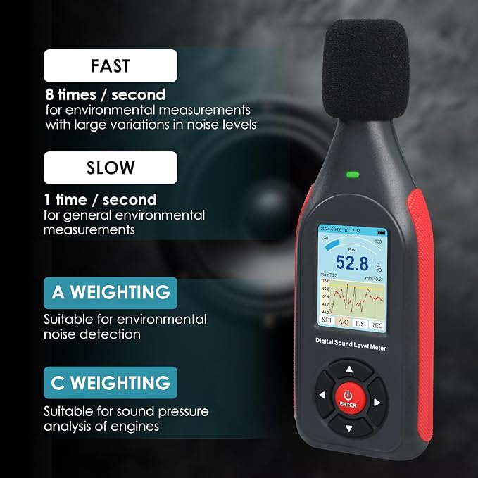 Decibel Meter Digital Sound Level Reader,Data Logger Sound Decibel Meter with 43,000 Data Record Function, 3-Color Alarm, A/C Frequency&DC Output, 30-130dB Portable Noise Meter for Home, Factory